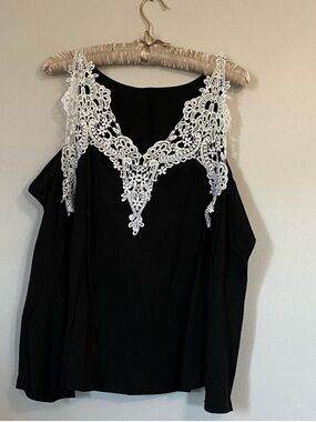 Black Top with White Lace Applique